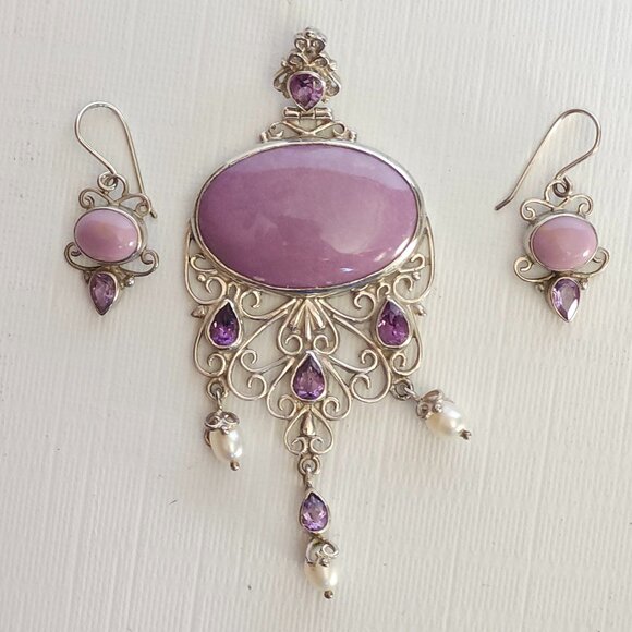 nepal 925 pti Jewelry - Vintage Signed PTI NEPAL 925 Sterling Silver Purple Lilac Stone Earring Set